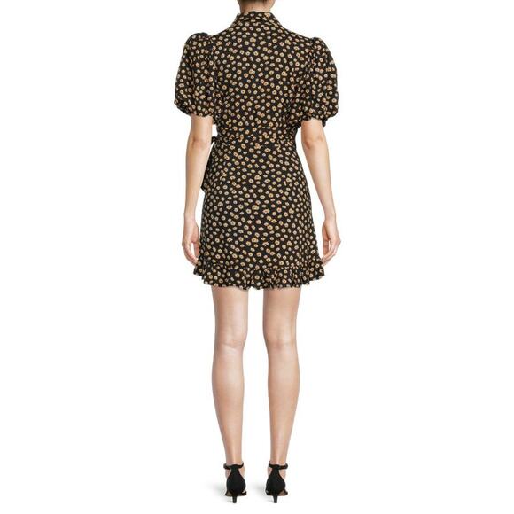 WeWoreWhat Women's Black Yellow Puff Sleeve Floral Wrap Mini Dress Size Medium - Picture 2 of 15